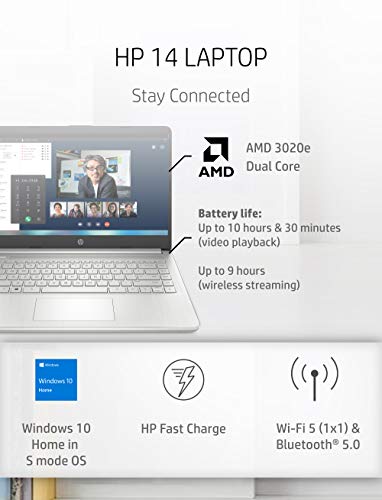 HP 14 Laptop, AMD 3020e, 4 GB RAM, 64 GB eMMC Storage, 14-inch HD Touchscreen, Windows 10 Home in S Mode, Long Battery Life, Microsoft 365, (14-fq0080nr, 2020)