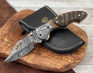 damascus steel folding pocket knife with ram horn handle – 100% handmade gift knives for men with leather sheath – 7.5 inches knives for hunters – perfect for any occasion, birthday, anniversary, wedding, graduation