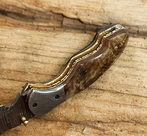 Damascus Steel Folding Pocket Knife With Ram Horn Handle - 100% Handmade Gift Knives for Men With Leather Sheath - 7.5 inches Knives For Hunters - Perfect for Any Occasion, Birthday, Anniversary, Wedding, Graduation