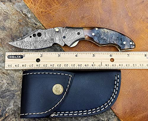 Damascus Steel Folding Pocket Knife With Ram Horn Handle - 100% Handmade Gift Knives for Men With Leather Sheath - 7.5 inches Knives For Hunters - Perfect for Any Occasion, Birthday, Anniversary, Wedding, Graduation