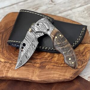 Damascus Steel Folding Pocket Knife With Ram Horn Handle - 100% Handmade Gift Knives for Men With Leather Sheath - 7.5 inches Knives For Hunters - Perfect for Any Occasion, Birthday, Anniversary, Wedding, Graduation