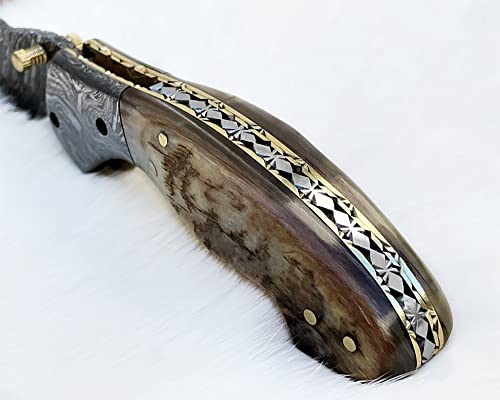 Damascus Steel Folding Pocket Knife With Ram Horn Handle - 100% Handmade Gift Knives for Men With Leather Sheath - 7.5 inches Knives For Hunters - Perfect for Any Occasion, Birthday, Anniversary, Wedding, Graduation