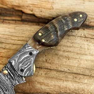 Damascus Steel Folding Pocket Knife With Ram Horn Handle - 100% Handmade Gift Knives for Men With Leather Sheath - 7.5 inches Knives For Hunters - Perfect for Any Occasion, Birthday, Anniversary, Wedding, Graduation