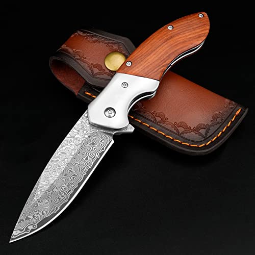 KOMWERO Damascus Pocket Knife, Sharp Damascus Steel Knife with Core VG10 Steel Blade Wood Handle, Folding Knife with Clip for Men Hunting, 60 HRC, Blade Length 3.34"