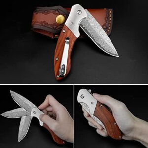 KOMWERO Damascus Pocket Knife, Sharp Damascus Steel Knife with Core VG10 Steel Blade Wood Handle, Folding Knife with Clip for Men Hunting, 60 HRC, Blade Length 3.34"