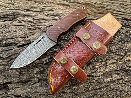 SUSA KNIVES 8''Fixed Blade Hunting Knife with Leather Sheath, Damascus steel Blade Outdoor Survival Hunting Knife, Natural Wood Handle Camping Knife for Men and Women (BROWN)