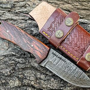 SUSA KNIVES 8''Fixed Blade Hunting Knife with Leather Sheath, Damascus steel Blade Outdoor Survival Hunting Knife, Natural Wood Handle Camping Knife for Men and Women (BROWN)