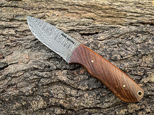 SUSA KNIVES 8''Fixed Blade Hunting Knife with Leather Sheath, Damascus steel Blade Outdoor Survival Hunting Knife, Natural Wood Handle Camping Knife for Men and Women (BROWN)