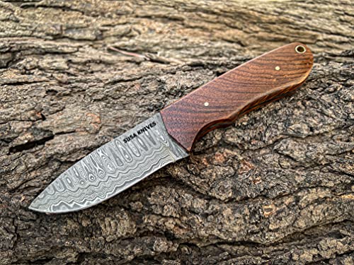 SUSA KNIVES 8''Fixed Blade Hunting Knife with Leather Sheath, Damascus steel Blade Outdoor Survival Hunting Knife, Natural Wood Handle Camping Knife for Men and Women (BROWN)