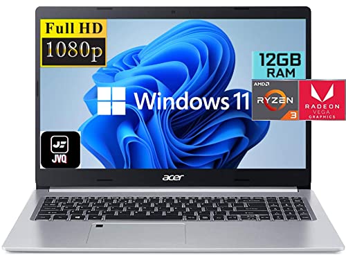 Acer 2022 Newest Aspire 5 Slim 15.6" FHD IPS Laptop, AMD Quad-Core Ryzen 3 3350U(Up to 3.5GHz,Beat i5-7200U), 12GB DDR4 RAM, 256GB SSD, WiFi 6, Backlit Keyboard, Fingerprint, HDMI, Windows 11+JVQ MP