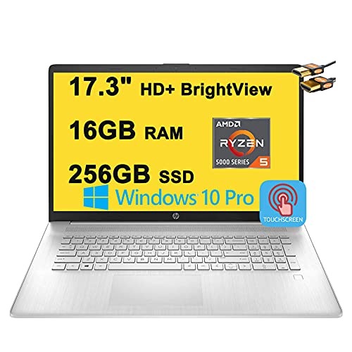 HP 17 Laptop Computer 17.3" HD+ Touchscreen AMD 6-Core Ryzen 5 5500U (Beats i7-1160G7) 16GB RAM 256GB SSD AMD Radeon Graphics USB-C Up to 7 Hours of Battery Life Win10Pro Silver + HDMI Cable