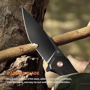 SUMACO Men's small Folding Knife Black Everyday Carry EDC Pocket Knife Safety Liner-Lock Practical Pocket D2 Steel Knife with Clip G10 Lightweight Handle Daily Work Outdoor Camping tactical Knives