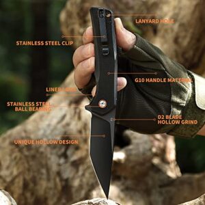 SUMACO Men's small Folding Knife Black Everyday Carry EDC Pocket Knife Safety Liner-Lock Practical Pocket D2 Steel Knife with Clip G10 Lightweight Handle Daily Work Outdoor Camping tactical Knives