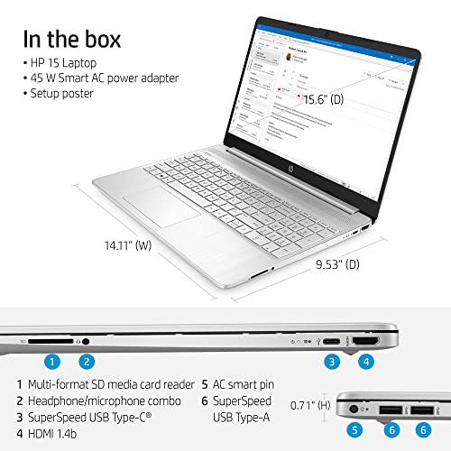 HP 2023 Newest 15.6 inch HD Display Laptop, Intel Core i3-1115G4 Processor, 16GB RAM, 512GB SSD, Intel UHD Graphics, Wi-Fi 6, Bluetooth, Windows 11 Home in S Mode, Natural Silver, Bundle with JAWFOAL