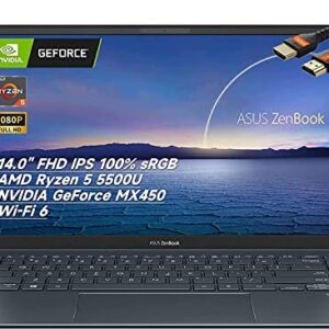 Thin & Light ASUS Zenbook 14.0" FHD IPS Laptop, AMD Ryzen 5 5500U, NVIDIA GeForce MX450, Wi-Fi 6, HD Webcam, Backlit KB, USB-C, HDMI, Windows 11 (8GB RAM | 512GB PCIe SSD)