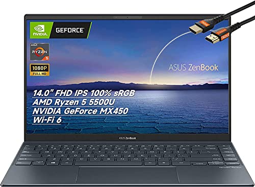 Thin & Light ASUS Zenbook 14.0" FHD IPS Laptop, AMD Ryzen 5 5500U, NVIDIA GeForce MX450, Wi-Fi 6, HD Webcam, Backlit KB, USB-C, HDMI, Windows 11 (8GB RAM | 512GB PCIe SSD)