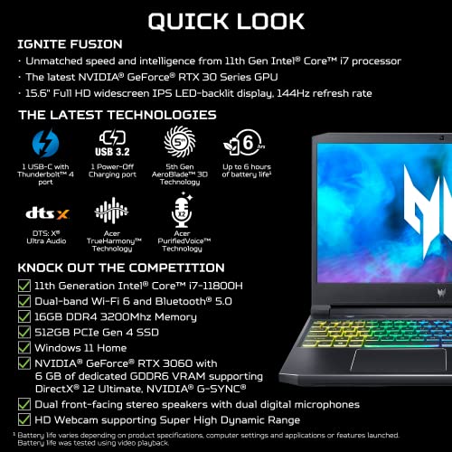 Acer Predator Helios 300 PH315-54-760S Gaming Laptop | Intel i7-11800H | NVIDIA GeForce RTX 3060 GPU | 15.6" FHD 144Hz 3ms IPS Display | 16GB DDR4 | 512GB SSD | Killer WiFi 6 | RGB Keyboard