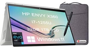 hp envy x360 15 15t 2-in-1 touchscreen (intel 12th gen i7-1255u, 32gb ram, 1tb ssd, active stylus) 15.6″ fhd ips laptop, long battery life, backlit kb, thunderbolt 4, ist computers bag, win 11 home