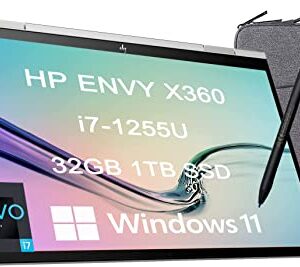 HP Envy X360 15 15t 2-in-1 Touchscreen (Intel 12th Gen i7-1255U, 32GB RAM, 1TB SSD, Active Stylus) 15.6" FHD IPS Laptop, Long Battery Life, Backlit KB, Thunderbolt 4, IST Computers Bag, Win 11 Home