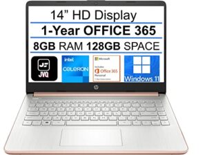 2022 newest hp stream 14″ hd laptop, intel celeron n4020(up to 2.8ghz), 8gb ram, 128gb space(64gb emmc+64gb card), 1-year office 365, wifi, hdmi, usb-c, webcam, bluetooth, windows 11s,rose gold+jvq mp