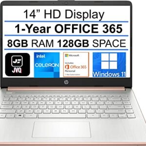 2022 Newest HP Stream 14" HD Laptop, Intel Celeron N4020(up to 2.8GHz), 8GB RAM, 128GB Space(64GB eMMC+64GB Card), 1-Year Office 365, WiFi, HDMI, USB-C, Webcam, Bluetooth, Windows 11S,Rose Gold+JVQ MP