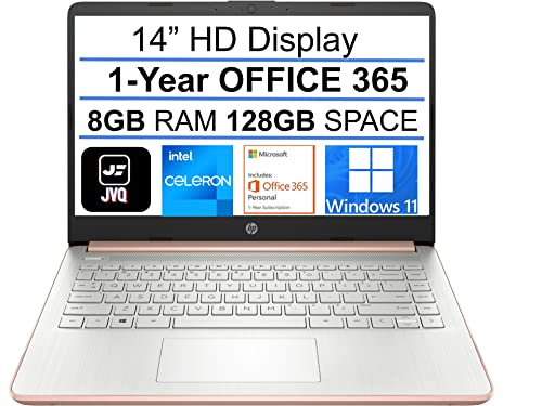 2022 Newest HP Stream 14" HD Laptop, Intel Celeron N4020(up to 2.8GHz), 8GB RAM, 128GB Space(64GB eMMC+64GB Card), 1-Year Office 365, WiFi, HDMI, USB-C, Webcam, Bluetooth, Windows 11S,Rose Gold+JVQ MP