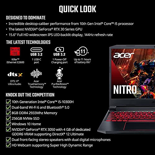 Acer Nitro 5 Gaming Laptop, Intel i5-10300H 4.5GHz, NVIDIA GeForce RTX 3050 4GB GDDR6, 15.6" FHD IPS 144Hz Display, Wi-Fi 6, Type-C, Backlit KB, Win 10, w/Accessories (16GB RAM | 512GB PCIe SSD)