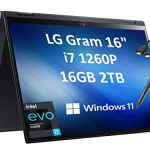 2022 LG Gram 16T90Q 16" WQXGA 2-in-1 Touchscreen (Intel 12th Gen 12-Core i7-1260P, 16GB LPDDR5 RAM, 2TB SSD, Stylus) (2560 x 1600) Business Laptop, Thunderbolt 4, Windows 11 Home (Renewed)