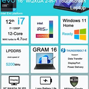 2022 LG Gram 16T90Q 16" WQXGA 2-in-1 Touchscreen (Intel 12th Gen 12-Core i7-1260P, 16GB LPDDR5 RAM, 2TB SSD, Stylus) (2560 x 1600) Business Laptop, Thunderbolt 4, Windows 11 Home (Renewed)