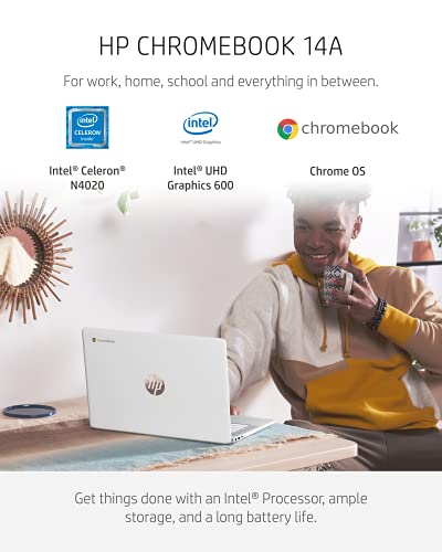HP Chromebook 14 Laptop, Intel Celeron Processor, 4 GB RAM, 32 GB eMMC, 14” HD (1366 x 768) Touchscreen, Chrome OS, Webcam & Dual Mics, Work, Entertainment, Long Battery Life (14a-na0140nr, 2021)
