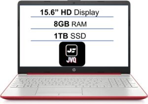 hp laptop, 15.6″ hd display, intel pentium gold 6405u 2.4 ghz processor, 8gb ddr4 ram, 1tb ssd, sd card reader, webcam, hdmi, wi-fi, rj-45, usb-c, windows 11 home, red, jvq mp