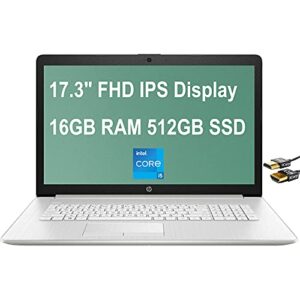 hp 17 flagship laptop computer 17.3″ fhd ips display 11th gen intel quad-core i5-1135g7 (beats i7-10510u) 16gb ram 512gb ssd intel iris xe graphics webcam win10 silver + hdmi cable