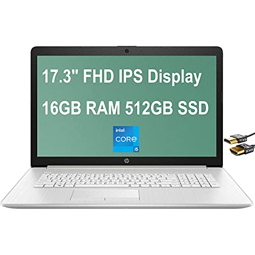 HP 17 Flagship Laptop Computer 17.3" FHD IPS Display 11th Gen Intel Quad-Core i5-1135G7 (Beats i7-10510U) 16GB RAM 512GB SSD Intel Iris Xe Graphics Webcam Win10 Silver + HDMI Cable