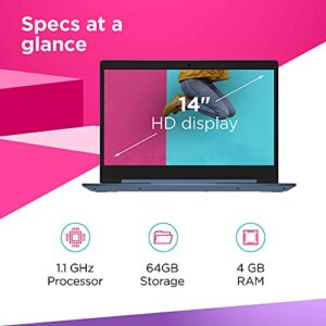 Lenovo IdeaPad 1 Laptop, 14.0" HD Display, Intel Celeron N4020, 4GB RAM, 64GB Storage, Intel UHD Graphics 600, Windows 11 in S Mode, Ice Blue