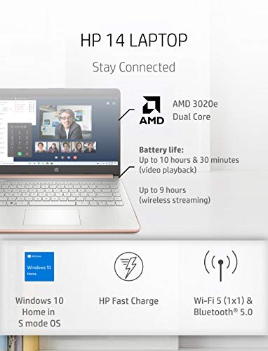 HP - 14-fq0030nr 14 Laptop, AMD 3020e, 4 GB RAM, 64 GB eMMC Storage, 14-inch HD Display, Windows 10 Home in S Mode, Long Battery Life, Microsoft 365, (14-fq0030nr, 2020) Pale Rose Gold