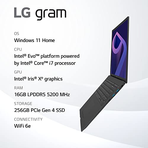 LG gram (2022) Laptop 16Z90Q 16" Display, Intel Evo 12th Gen Core i7, 16GB RAM, 256 GB SSD, Windows 11, Black