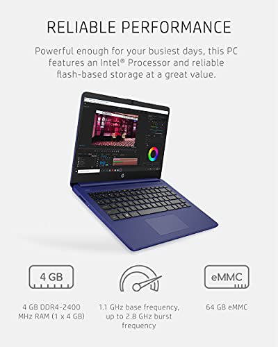 HP 14 Laptop, Intel Celeron N4020, 4 GB RAM, 64 GB Storage, 14-inch Micro-edge HD Display, Windows 10 Home, Thin & Portable, 4K Graphics, One Year of Microsoft 365 (14-dq0010nr, 2021, Indigo Blue)