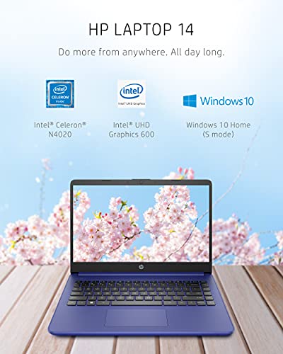 HP 14 Laptop, Intel Celeron N4020, 4 GB RAM, 64 GB Storage, 14-inch Micro-edge HD Display, Windows 10 Home, Thin & Portable, 4K Graphics, One Year of Microsoft 365 (14-dq0010nr, 2021, Indigo Blue)