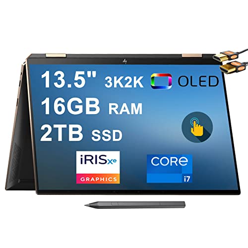 HP Spectre X360 14 2-in-1 Laptop 13.5" 3K2K UHD OLED Touchscreen (100% DCI-P3, 400 nits) 11th Gen Intel Quad-Core i7-1195G7 16GB RAM 2TB SSD Backlit Fingerprint Thunderbolt Pen Win11 + HDMI Cable