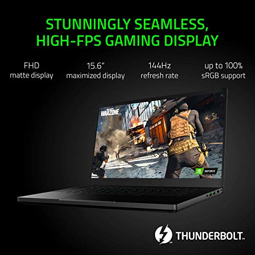 Razer Blade 15 Base Gaming Laptop 2020: Intel Core i7-10750H 6-Core, NVIDIA GeForce GTX 1660 Ti, 15.6" FHD 1080p 144Hz, 16GB RAM, 256GB SSD, CNC Aluminum, Chroma RGB Lighting, Thunderbolt 3, Black