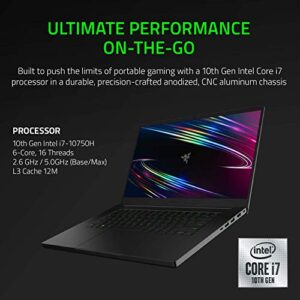 Razer Blade 15 Base Gaming Laptop 2020: Intel Core i7-10750H 6-Core, NVIDIA GeForce GTX 1660 Ti, 15.6" FHD 1080p 144Hz, 16GB RAM, 256GB SSD, CNC Aluminum, Chroma RGB Lighting, Thunderbolt 3, Black