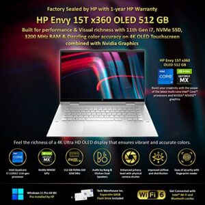 HP Envy 15T x360 2022 i7-1195G7, 16GB RAM, 512 GB NVMe SSD, 15.6" 4K OLED Touch, Windows 11 Pro, Wi-Fi 6, Tilt Pen, Nvidia MX450 2GB GPU, Silver Color, B&O Audio, 64 GB Tech Warehouse Flash Drive