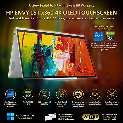 HP Envy 15T x360 2022 i7-1195G7, 16GB RAM, 512 GB NVMe SSD, 15.6" 4K OLED Touch, Windows 11 Pro, Wi-Fi 6, Tilt Pen, Nvidia MX450 2GB GPU, Silver Color, B&O Audio, 64 GB Tech Warehouse Flash Drive
