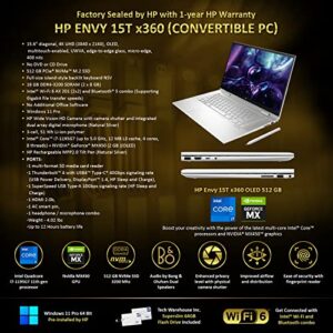 HP Envy 15T x360 2022 i7-1195G7, 16GB RAM, 512 GB NVMe SSD, 15.6" 4K OLED Touch, Windows 11 Pro, Wi-Fi 6, Tilt Pen, Nvidia MX450 2GB GPU, Silver Color, B&O Audio, 64 GB Tech Warehouse Flash Drive