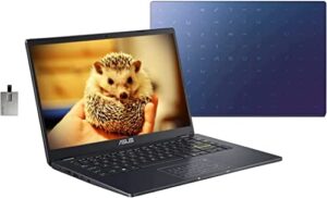 asus 2022 14″ hd laptop, intel celeron n4020 processor, 4gb ram, 64gb emmc , webcam, intel hd graphics 500, bluetooth, windows 11 home, peacock blue, 32gb snowbell usb card