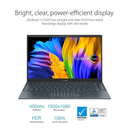 ASUS ZenBook 13 Ultra-Slim Laptop, 13.3” OLED NanoEdge, Intel Evo Platform i7-1165G7, 16GB, 512GB SSD, NumberPad, Thunderbolt 4, Wi-Fi 6, Windows 11 Pro, AI Noise-Cancellation, Pine Grey, UX325EA-XH74