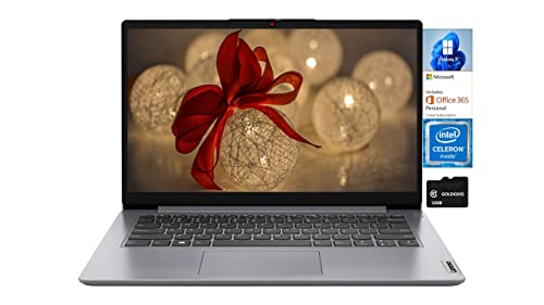 Lenovo Ideapad 1i 14" HD Laptop Computer, Dual-Core Intel Celeron N4020, 4GB RAM, 64GB eMMC, HDMI, WiFi, Bluetooth, Type-C, Webcam, Long Battery, 1-Year Microsoft 365, Win 11S, Goldoxis 32GB SD Card