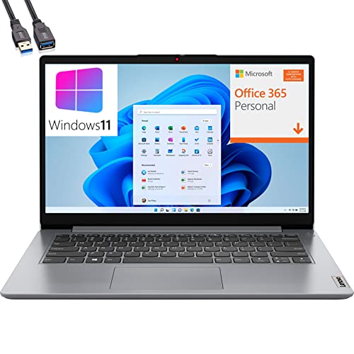 Lenovo IdeaPad 1i 14" Laptop Computer, Quad-Core Intel Pentium Silver N5030 Processor, 4GB DDR4 RAM, 128GB eMMC, WiFi 6, Bluetooth 5.1, Cloud Grey, Windows 11 S, BROAG USB Extension Cable