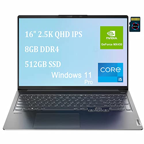 Lenovo Ideapad 5i Pro Laptop | 16" 2.5K QHD IPS 100% sRGB Display | 11th Gen Intel 4-Core i5-11300H (> i7-10710U) | 8GB DDR4 512GB SSD | GeForce MX450 2GB | Backlit Win11 Pro Grey + 32GB Micro SD Card