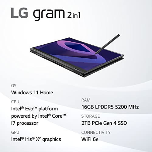 LG gram (2022) 16T90Q 2-in-1 Tablet Laptop, 16" (2560 x 1600) IPS Display, Intel Evo 12th Gen i7 1260P Processor, 16GB LPDDR5, 2TB NVMe SSD, FHD Webcam, WiFi 6E, Thunderbolt 4, Windows 11, Black
